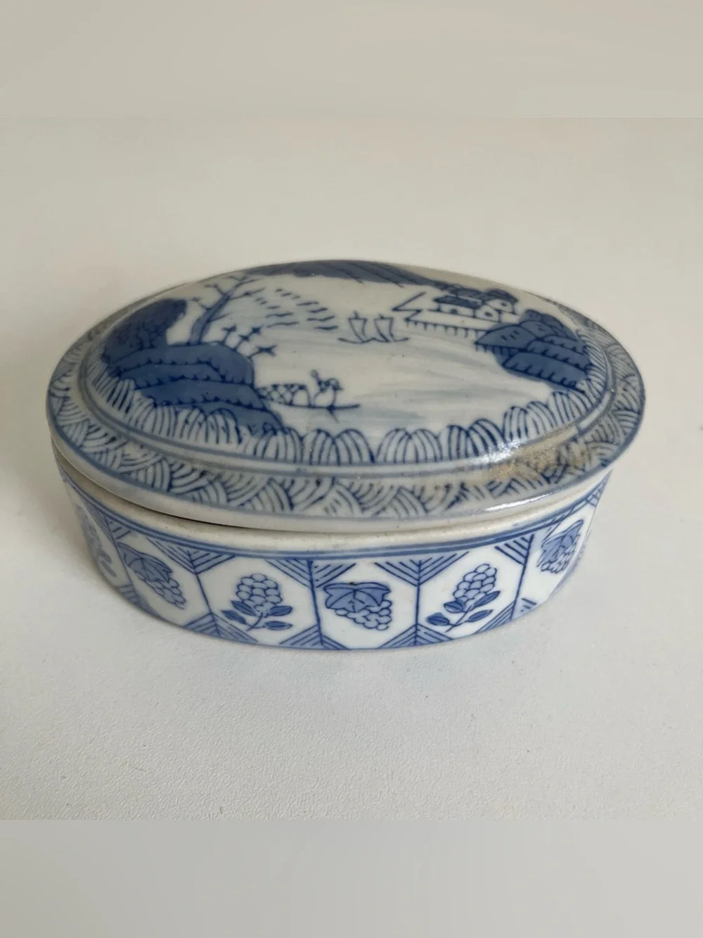 Blue and White Oval Porcelain Trinket Box